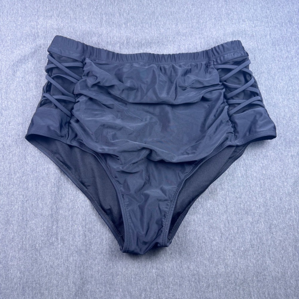 Black High Waisted Lattice Lace Up Bikini Bottoms Plus Size 16W Ruched Swimwear